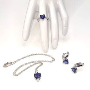 925 Sterling Silver Necklace Ring Earring Set Blue Synthetic Heart Gemstones New
